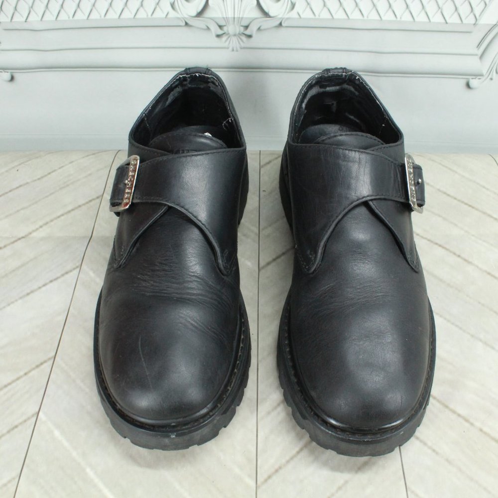 Skechers Black Leather Slip-on Round Toe Buckled Casual Shoes Size 7.5 - Picture 5 of 9